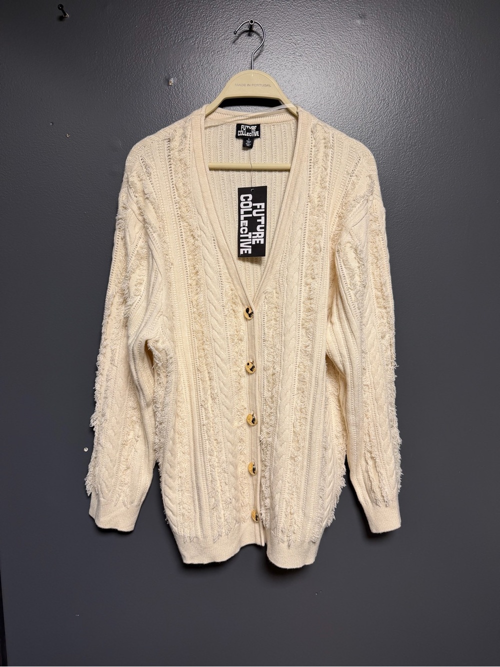 NWT Future Collective Cream Cable Knit Fringe Relaxed Cardigan Sweater S